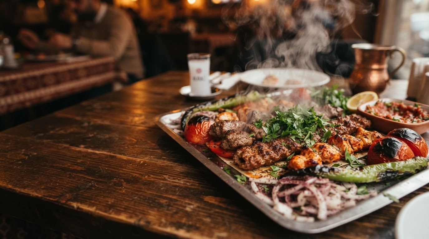 Közlenmiş biber ve domates yanında Körfez kebap tabağı
