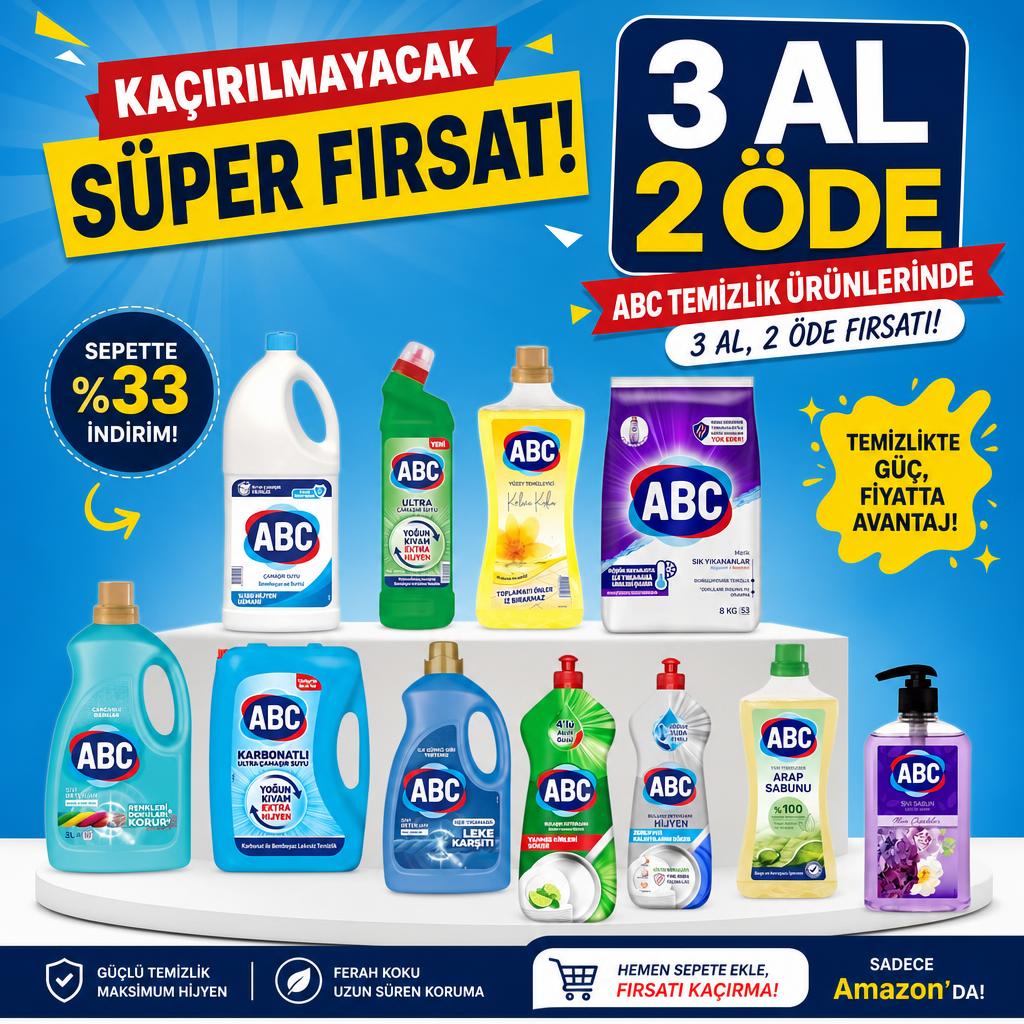 ABC TEMİZLİK ÜRÜNLERİNDE 3 AL 2 ÖDE FIRSATI!