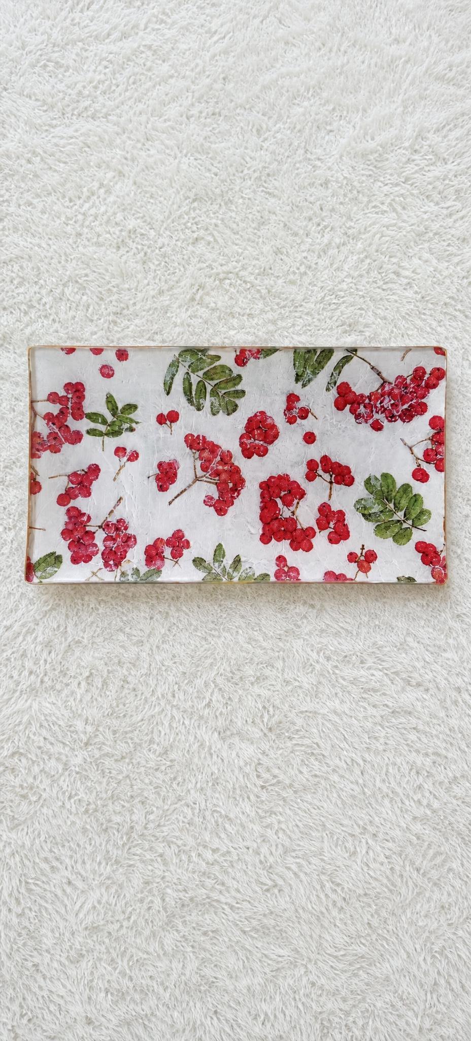 Handmade glass decoupage tray with red berry design