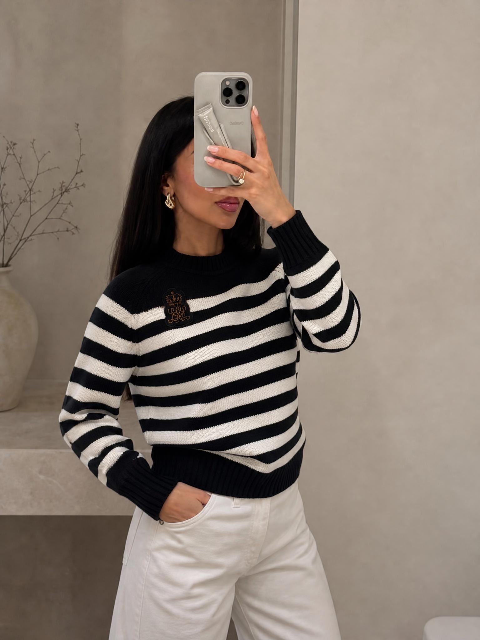 Striped knit jumper with shirt collar and crest detail