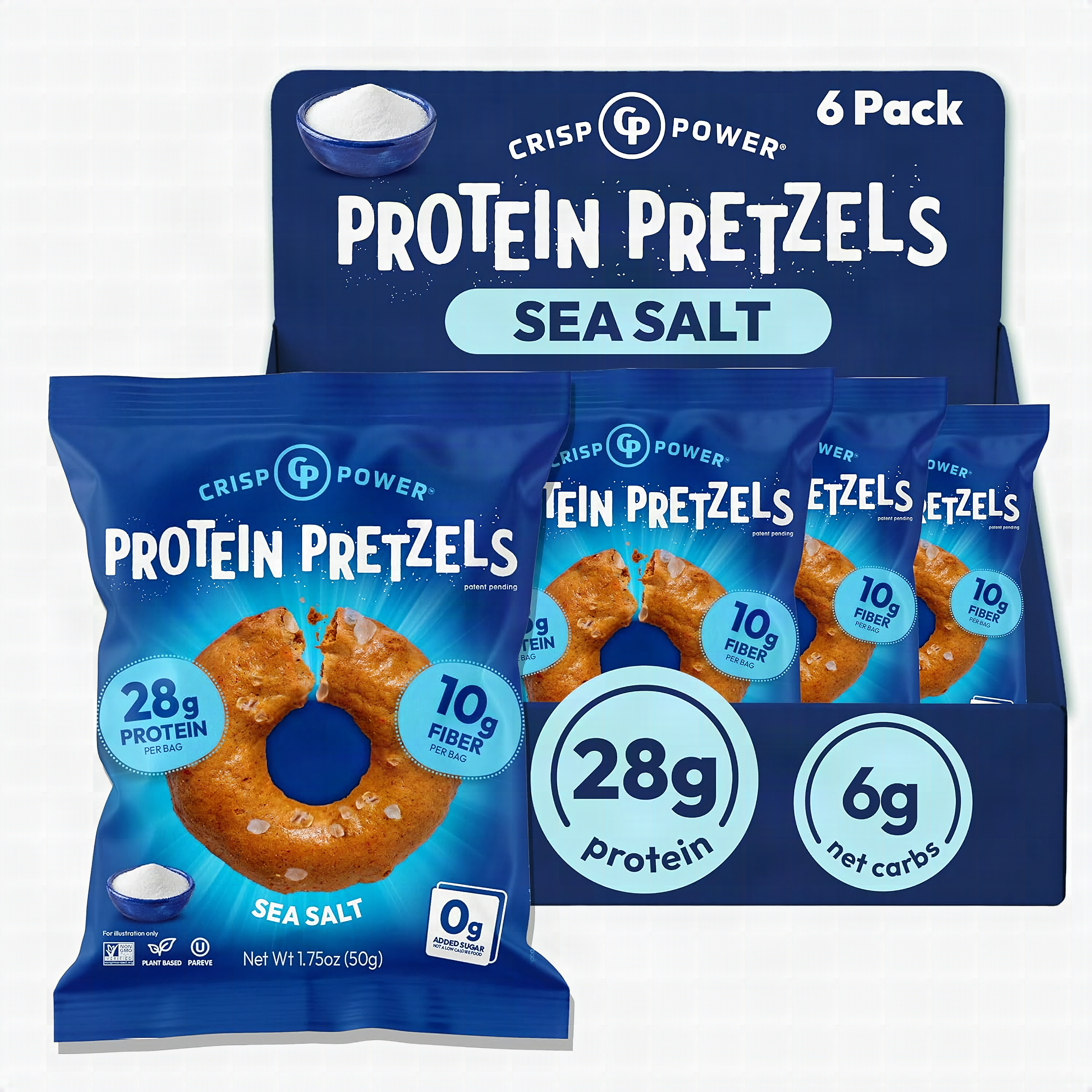 Macro close-up of sea salt protein pretzels showing twisted golden-brown texture with visible salt crystals
