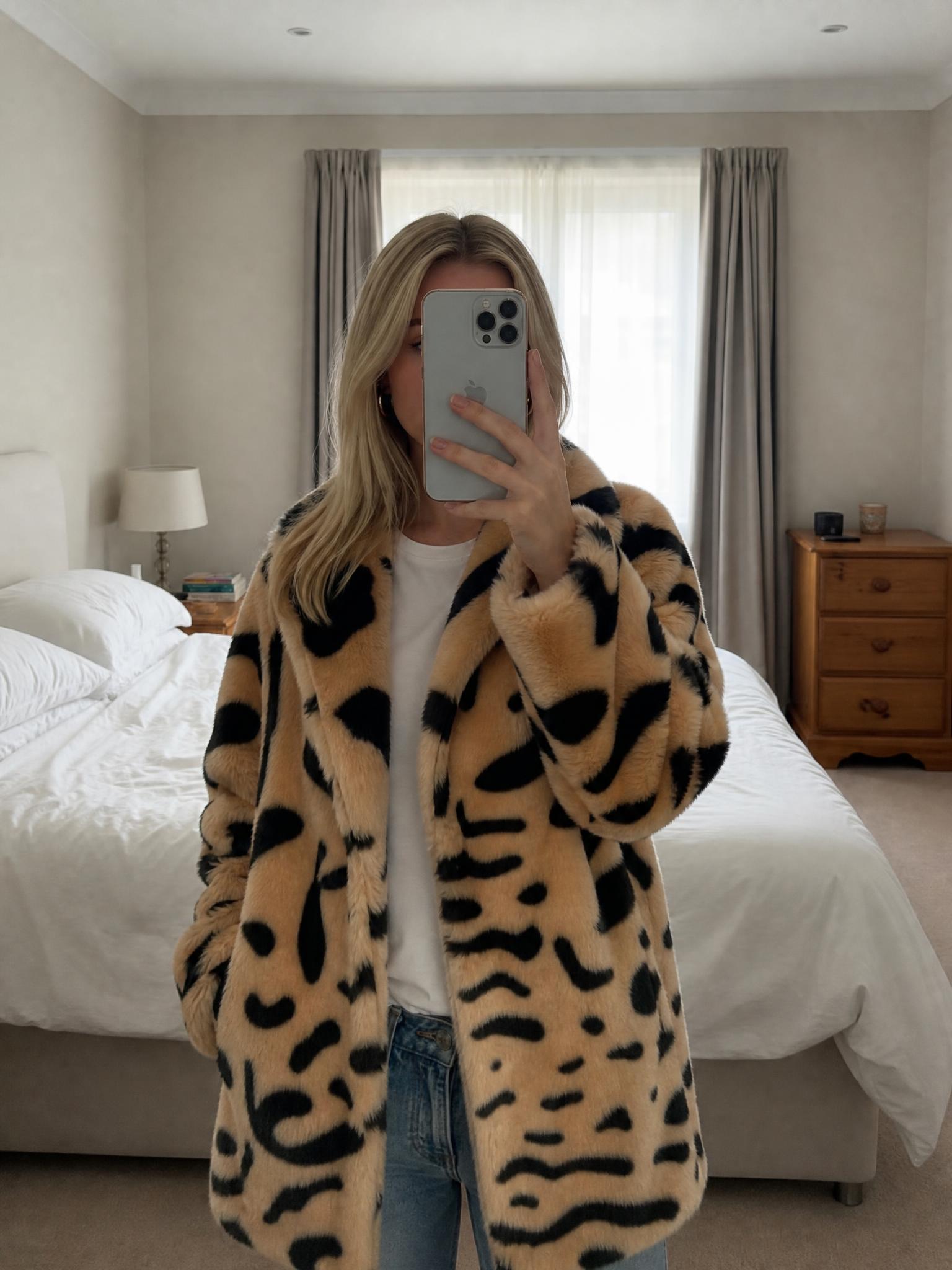 Barneys Originals Faux Fur Animal Print Coat Size 10 Very Good