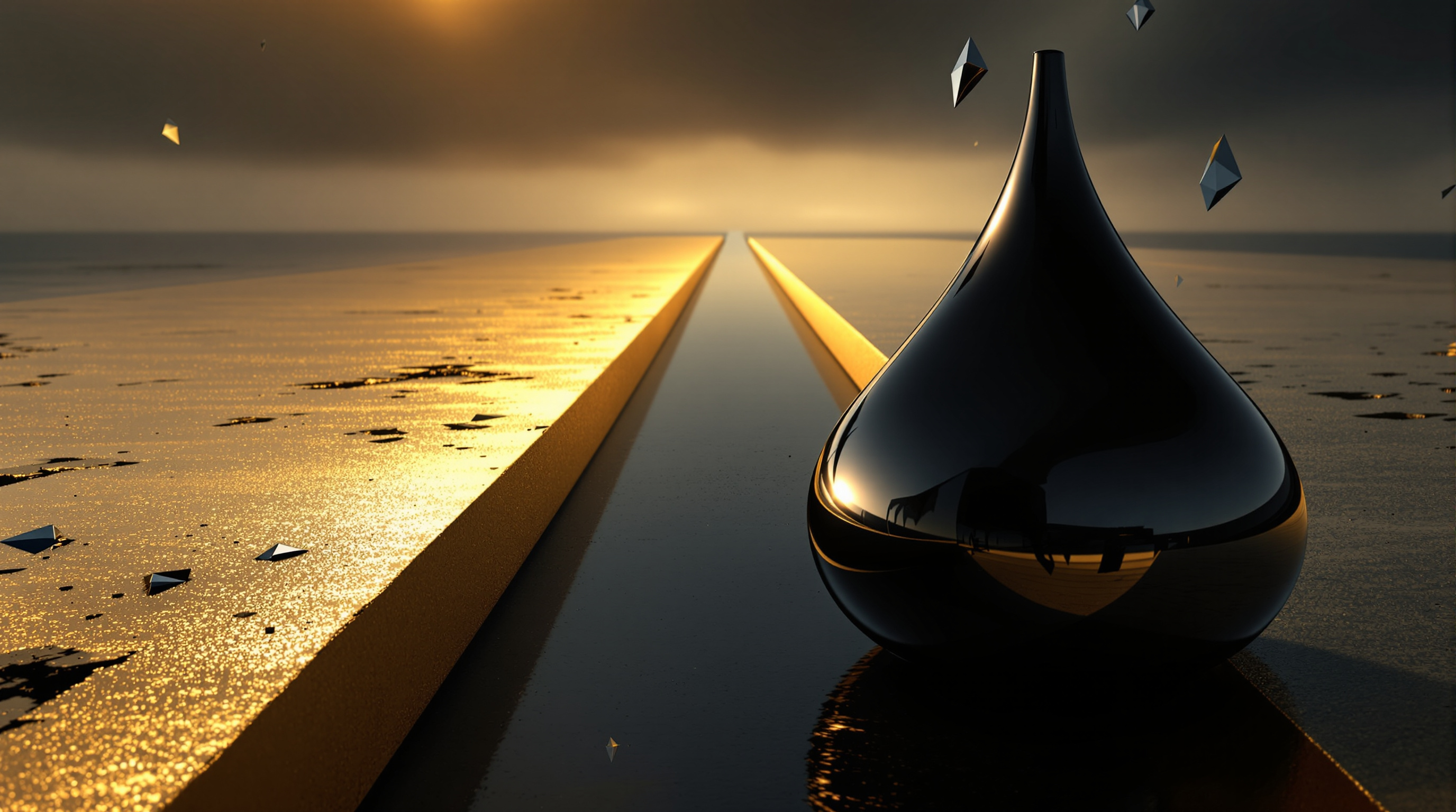 a large, highly reflective black oil droplet resting in a stylized narrow channel formed by two matte burnished-gold landmasses (abstract Strait of Ho — editorial cover artwork for the Knightron story on Oil Surges Past $90 As U.S. Iran Strikes Revive Strait Of Ho