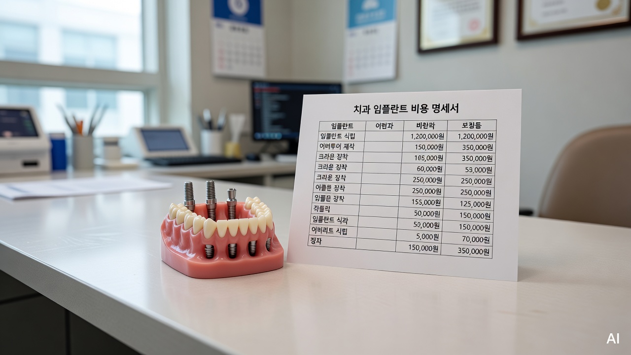 close-up of dental implant model on a clinic desk next to a cost breakdown printout