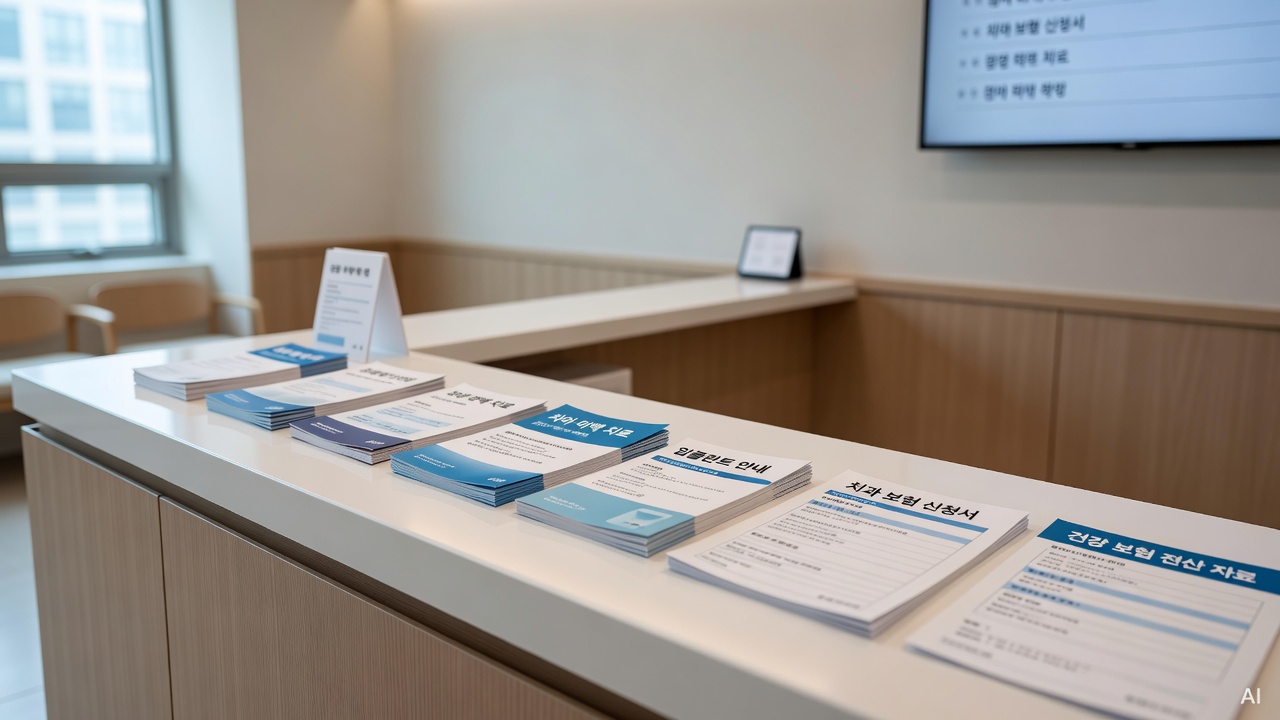 dental clinic reception desk with treatment brochures and insurance documents on white counter