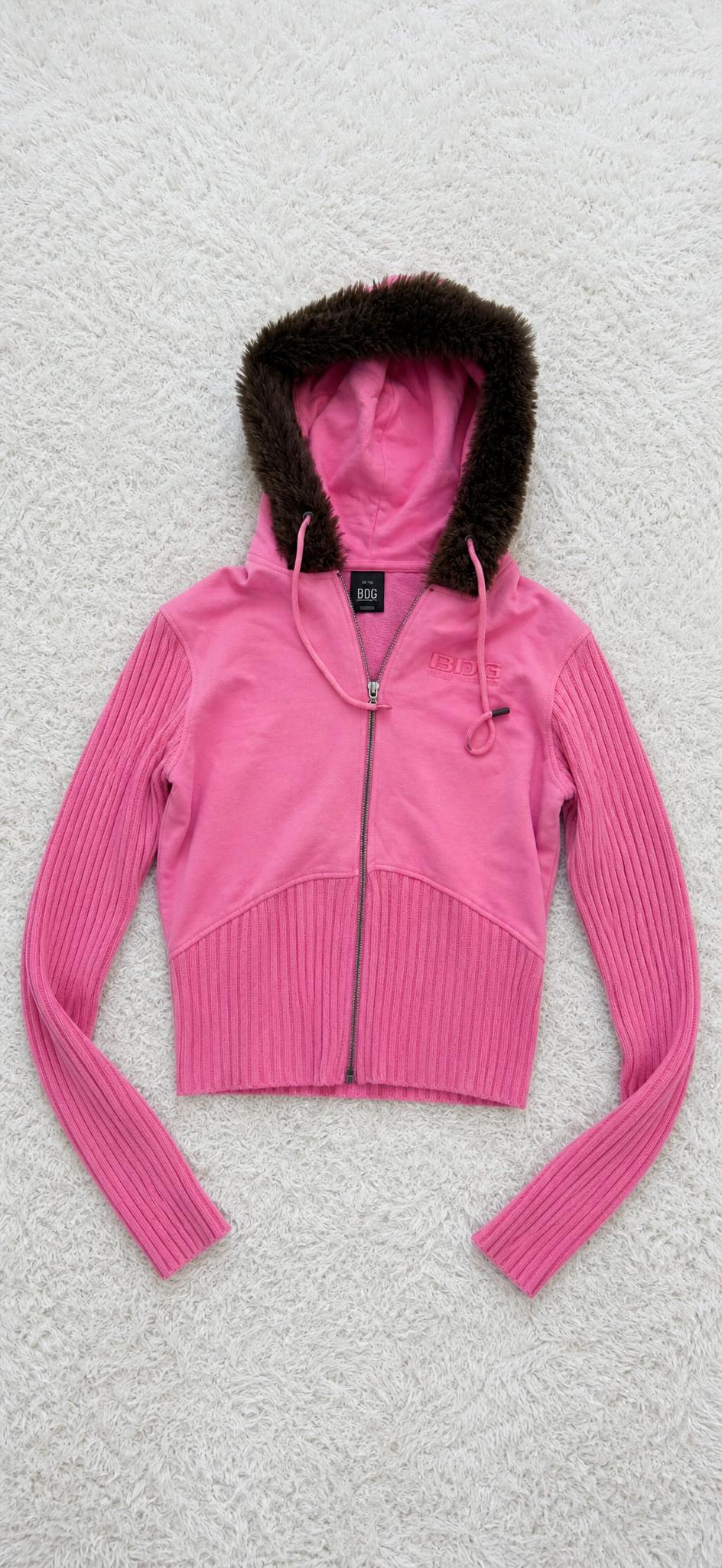 BDG pink ribbed zip hoodie with faux-fur hood