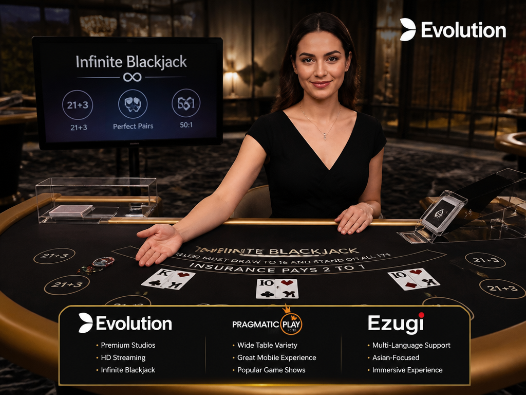 Photo-realistic image illustrating the topic of the article section "Top Software Providers – Evolution, Pragmatic Play Live & Ezugi Compared" (about the online casino brand "live casino malaysia"): Discuss top live casino software providers serving Malaysia (Evolution, Pragmatic Play Live, Ezugi), highlight their streaming quality, table variety, and unique features (e.g., Evolution’s Infinite Blackjack). Covers gap: comparison of live casino providers.