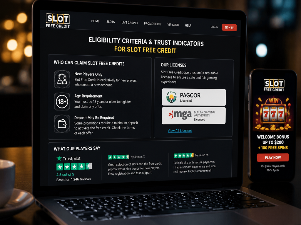 Photo-realistic image illustrating the topic of the article section "Eligibility Criteria and Trust Indicators for Slot Free Credit" (about the online casino brand "slot free credit"): Explain who can claim: new players only, age 18+, deposit required for some. Mention licensing (e.g., PAGCOR, MGA) and user reviews. Cover gaps 6 and 7.