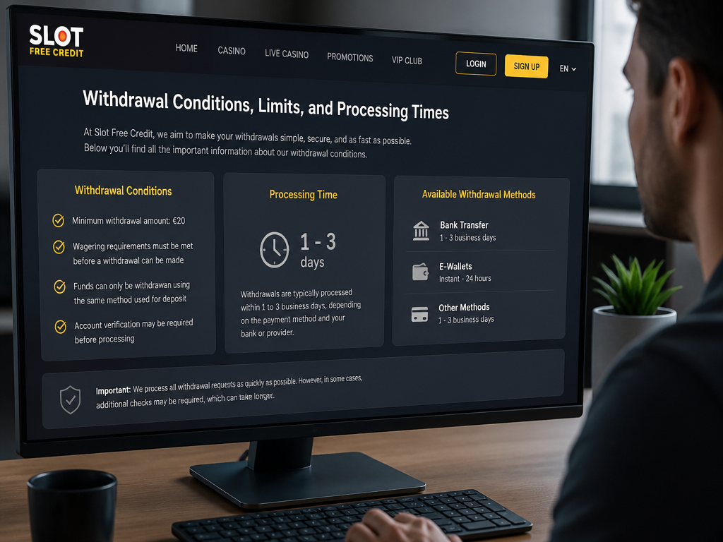Photo-realistic image illustrating the topic of the article section "Withdrawal Conditions, Limits, and Processing Times" (about the online casino brand "slot free credit"): Discuss withdrawal conditions: minimum withdrawal, processing time (e.g., 1-3 days), payment methods (bank transfer, e-wallet). Cover gap 5.