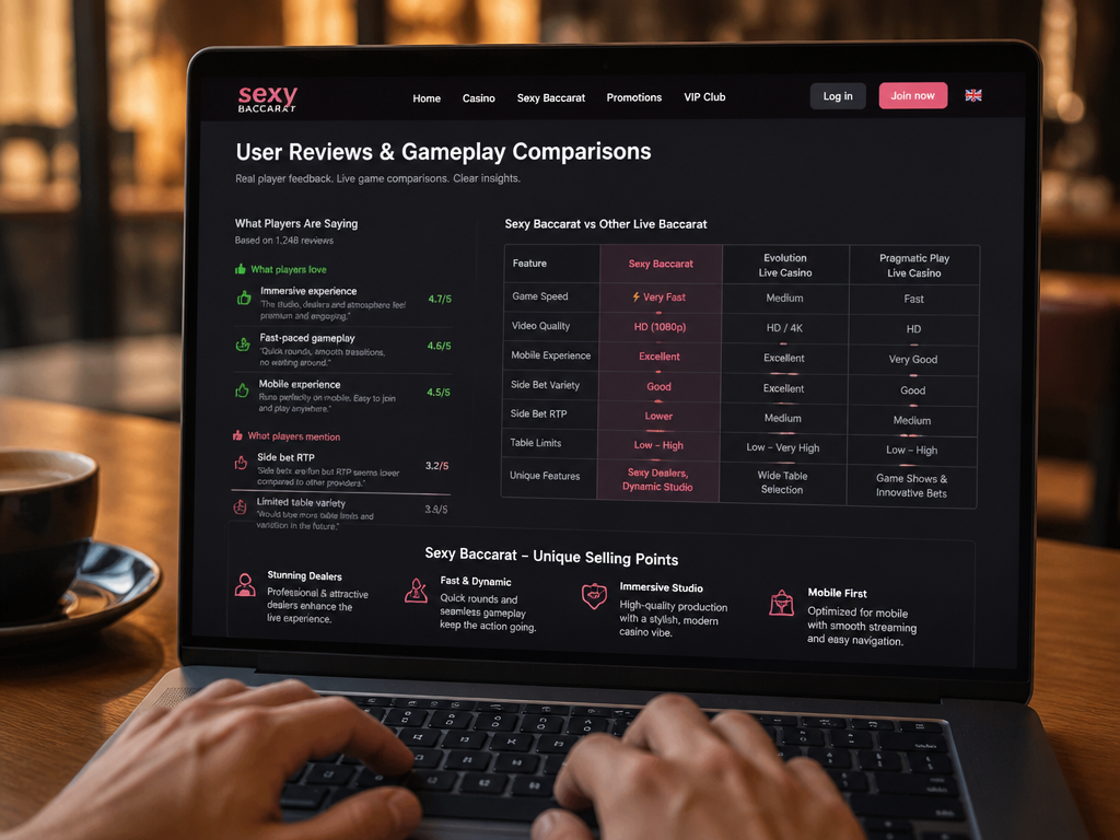 Photo-realistic image illustrating the topic of the article section "User Reviews and Gameplay Comparisons" (about the online casino brand "sexy baccarat"): Summarize common player feedback (positive: immersive, fast; negative: side bet RTP); compare Sexy Baccarat to other live baccarat games (e.g., Evolution, Pragmatic Play); highlight unique selling points. Covers gap: no user reviews or gameplay comparisons.