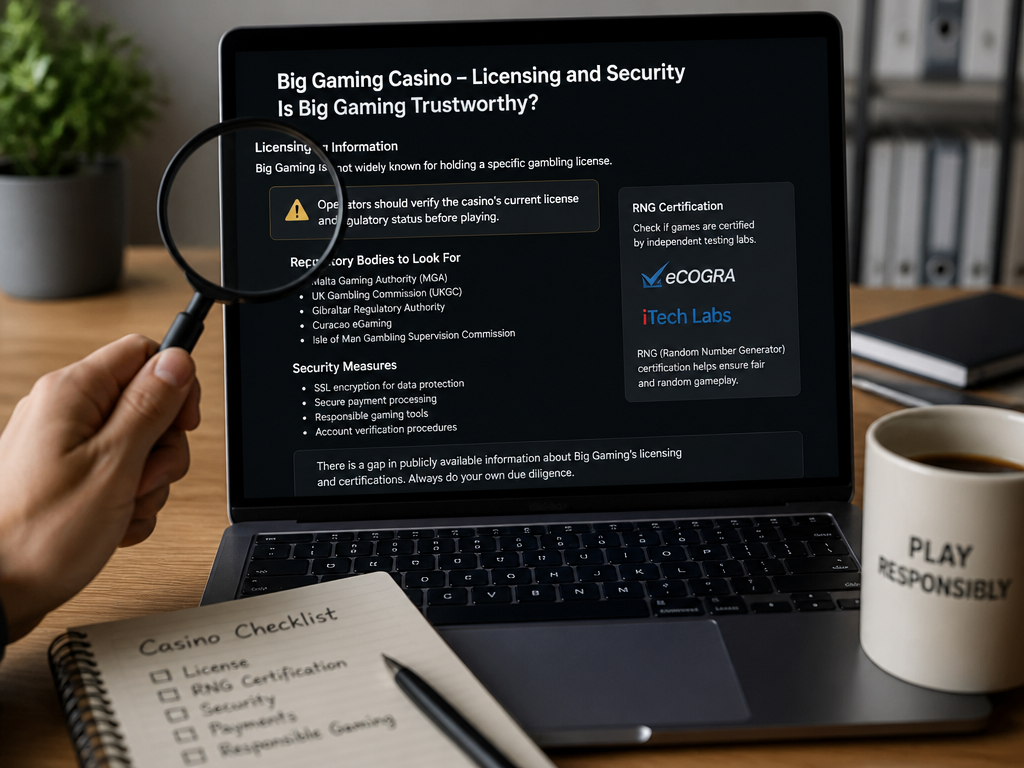 Photo-realistic image illustrating the topic of the article section "Licensing and Security: Is Big Gaming Trustworthy?" (about the online casino brand "big gaming casino"): Investigate licensing and regulatory bodies. Big Gaming is not widely known for a specific license; mention that operators should verify. Cover the gap on licensing and security. Also touch on RNG certification if available.