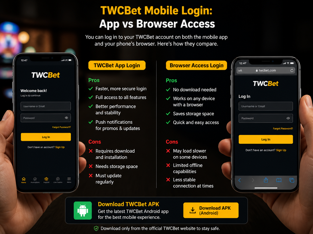Photo-realistic image illustrating the topic of the article section "Mobile Login: TWCBet App vs Browser Access" (about the online casino brand "twcbet login"): How to log in via mobile browser vs dedicated app. Pros and cons of each. Download link for APK if available. Covers gap: no guidance on mobile login via app vs browser.