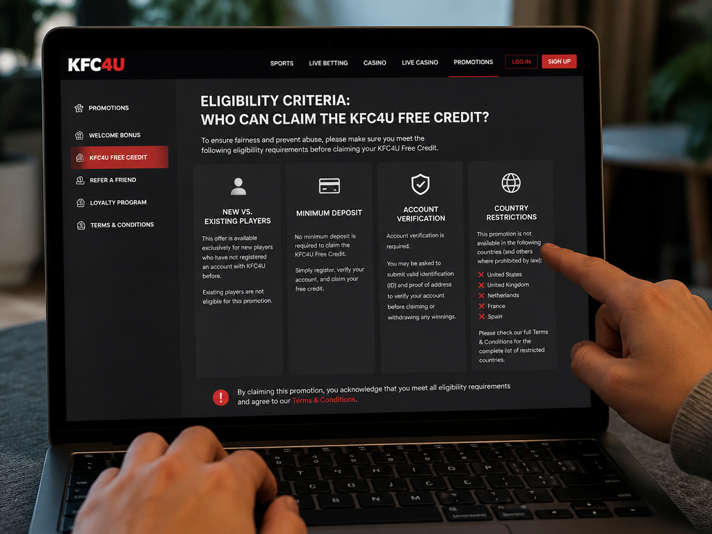 Photo-realistic image illustrating the topic of the article section "Eligibility Criteria: Who Can Claim the kfc4u Free Credit?" (about the online casino brand "kfc4u free credit"): Detail eligibility: new vs existing players, minimum deposit (if any), account verification, and any country restrictions. Address the gap: missing eligibility criteria.