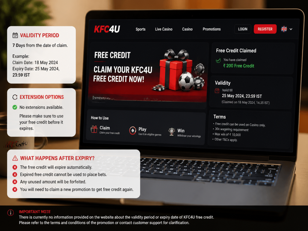 Photo-realistic image illustrating the topic of the article section "Validity Period: How Long Does the kfc4u Free Credit Last?" (about the online casino brand "kfc4u free credit"): State the expiry date from claim, any extension options, and what happens after expiry. Address the gap: no validity period or expiry date.