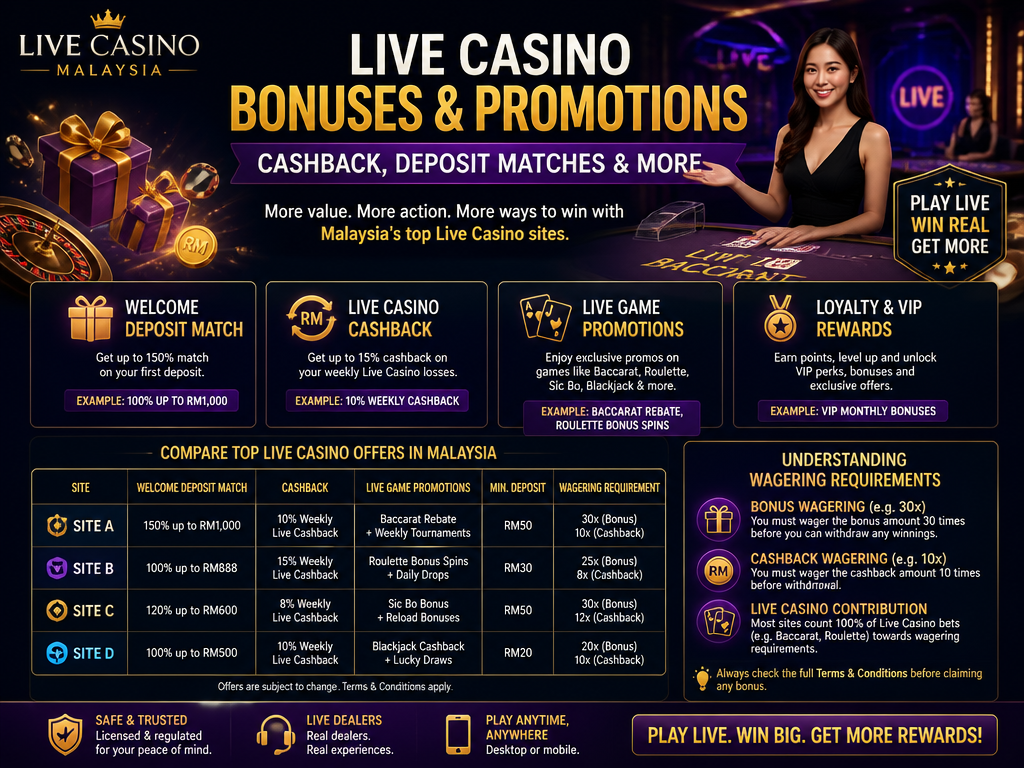 Image illustrating a casino bonus or promotion for the brand "live casino malaysia", for an article section titled "Live Casino Bonuses & Promotions – Cashback, Deposit Matches & More": Describe live casino-specific bonuses such as welcome deposit match cashback and live game promotions, compare offers from top Malaysian sites, and highlight wagering requirements. Covers gap: live casino-specific bonuses.