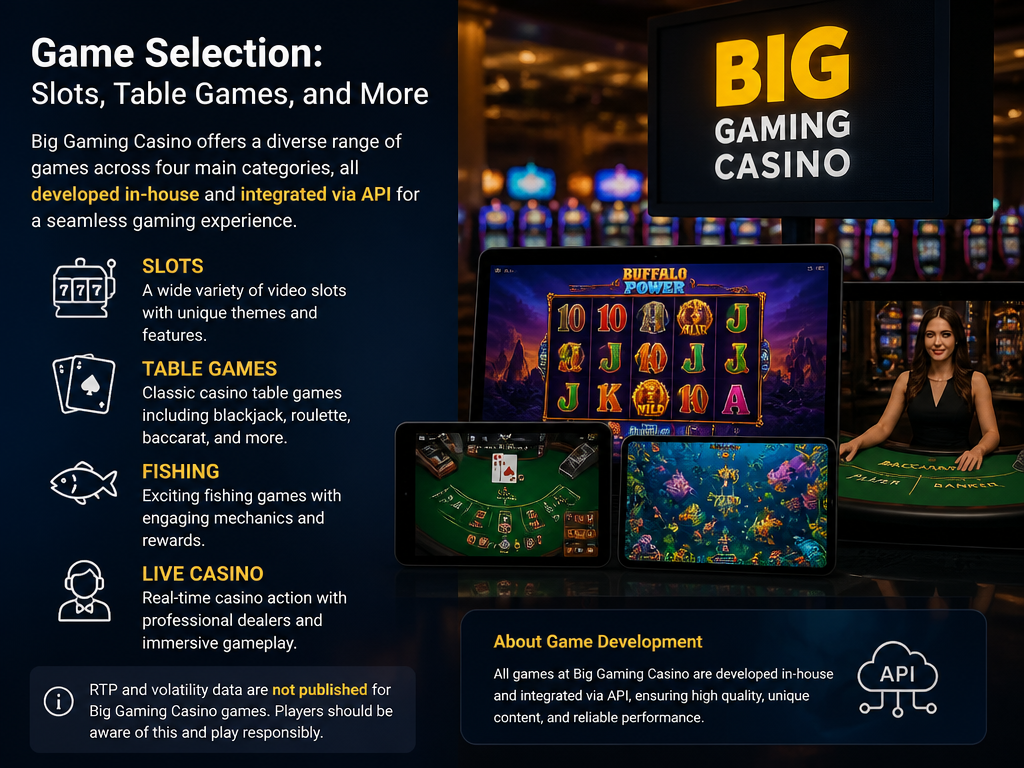 Photo-realistic image illustrating the topic of the article section "Game Selection: Slots, Table Games, and More" (about the online casino brand "big gaming casino"): List the main game categories: slots, table games, fishing, live casino. Note the absence of published RTP and volatility figures. Mention that games are developed in-house and integrated via API. Cover the gap on RTP/volatility data.