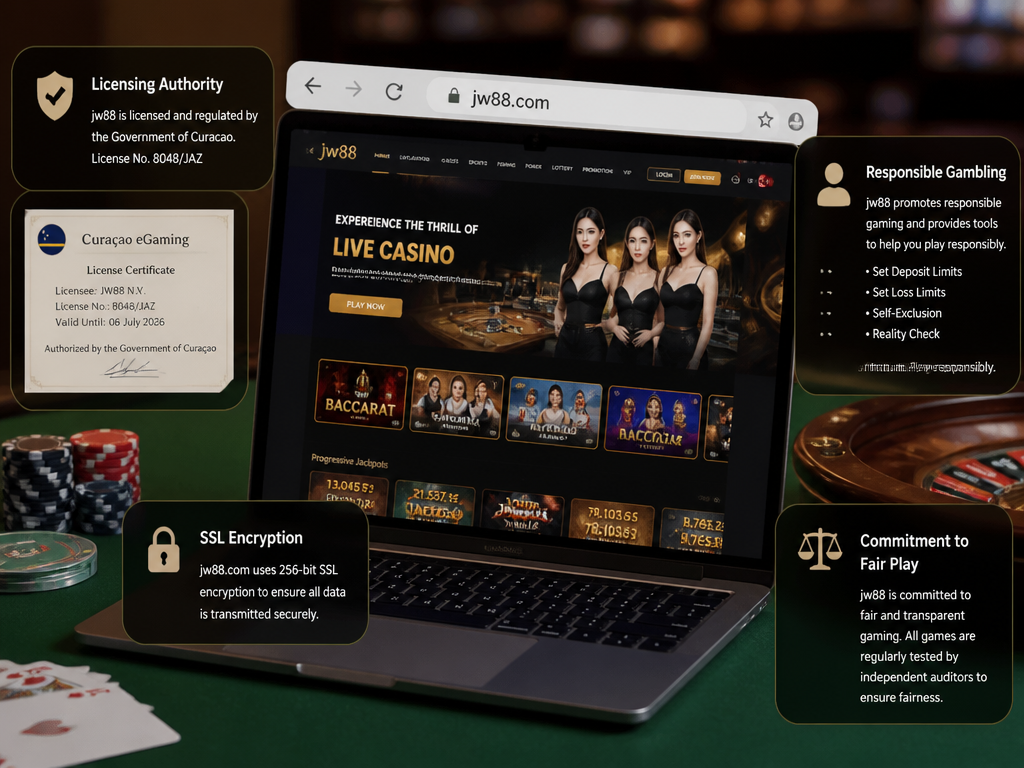 Photo-realistic image illustrating the topic of the article section "Licensing and Security" (about the online casino brand "jw88"): Licensing authority (e.g., offshore license); SSL encryption and data protection measures; responsible gambling policies; commitment to fair play.