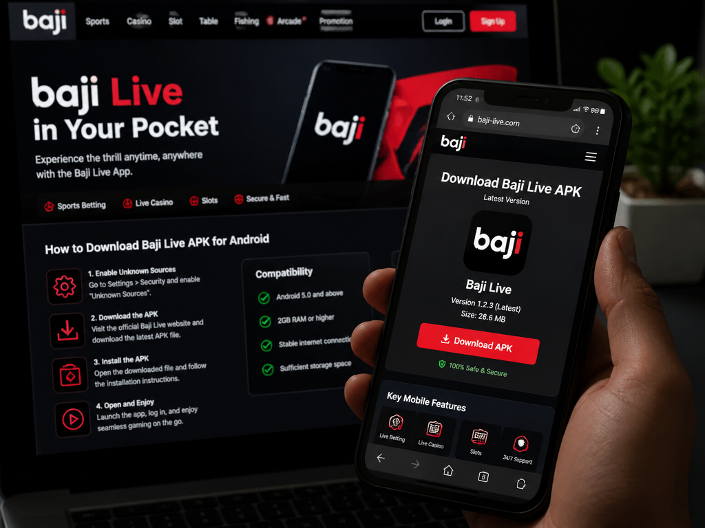 Photo-realistic image illustrating the topic of the article section "Baji Live Mobile App: APK Download and Features" (about the online casino brand "baji live"): Explain how to download the Baji Live APK for Android, compatibility, and key mobile features. Cover the gap: 'no mobile app or APK download instructions'.