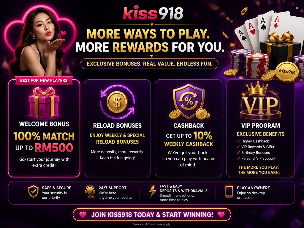 Image illustrating a casino bonus or promotion for the brand "kiss918", for an article section titled "Welcome Bonuses and Promotions": Describe welcome bonus (e.g., 100% match up to RM500), reload bonuses, cashback, VIP program. Covers 'no mention of welcome bonuses or promotions' gap.
