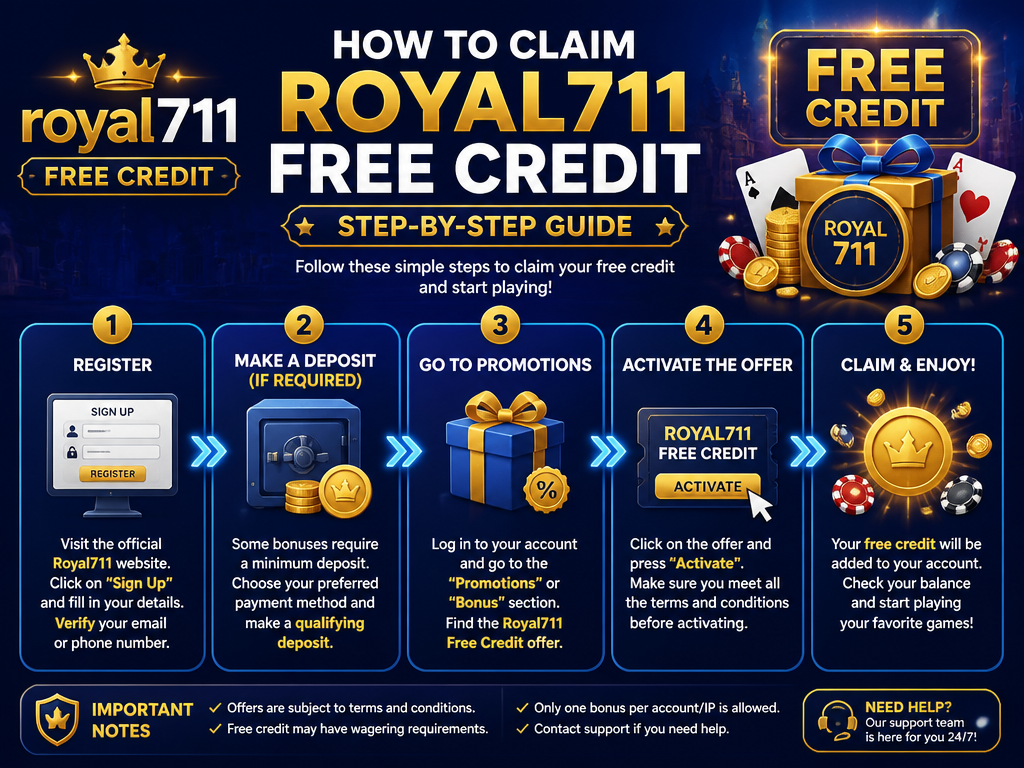 Image illustrating a casino bonus or promotion for the brand "royal711 free credit", for an article section titled "How to Claim Royal711 Free Credit: Step-by-Step Guide": Provide a clear step-by-step guide to claim the free credit. Cover gap 2: no instructions. Include registration, deposit if needed, and activation steps.