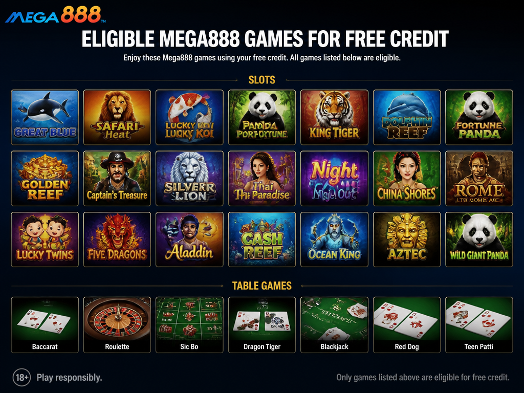 Photo-realistic image illustrating the topic of the article section "Eligible Mega888 Games for Free Credit" (about the online casino brand "free credit mega888"): List eligible Mega888 games (slots like Great Blue, Safari Heat; table games like Baccarat, Roulette) that accept free credit. Covers no game list gap.