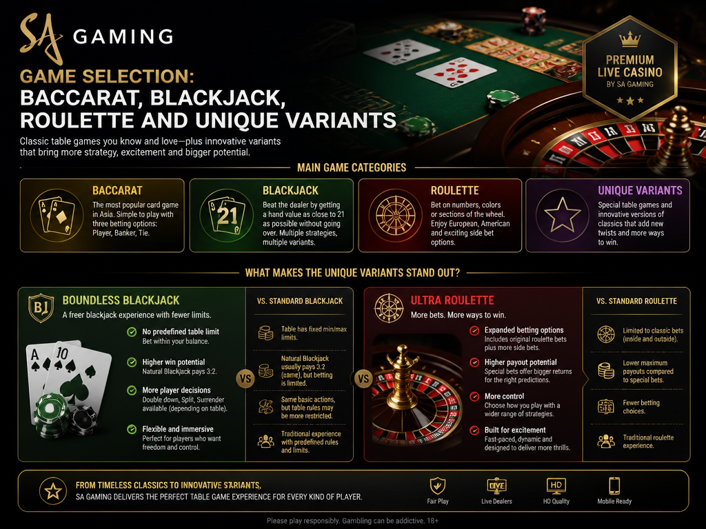 Image illustrating the online casino game or provider "SA Gaming", for an article section titled "Game Selection: Baccarat, Blackjack, Roulette and Unique Variants": List main game categories. Explain what makes Boundless Blackjack and Ultra Roulette unique compared to standard versions. Cover the gap of game-specific details and rule variations.