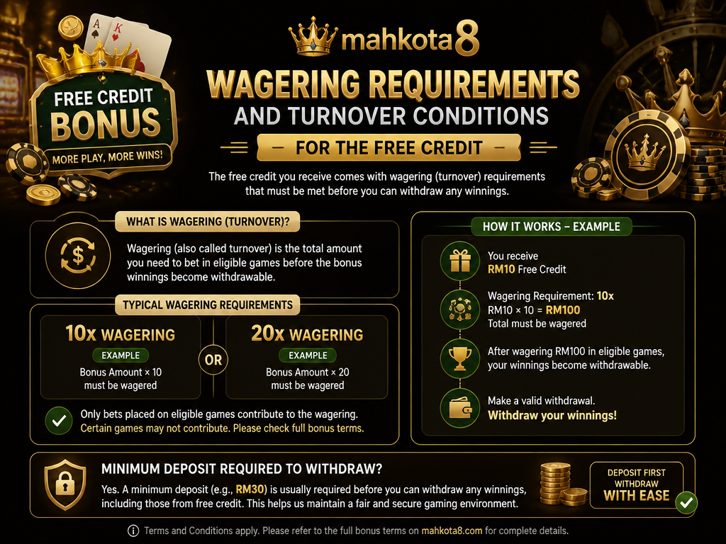 Image illustrating a casino bonus or promotion for the brand "mahkota8", for an article section titled "Wagering Requirements and Turnover Conditions for the Free Credit": Explain turnover conditions (e.g., 10x or 20x wagering). Note if a minimum deposit is required to withdraw. Covers wagering requirements gap.