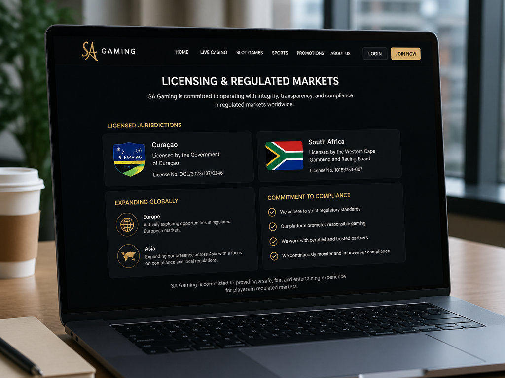 Photo-realistic image illustrating the topic of the article section "Licensing and Regulated Markets" (about the online casino brand "sa gaming"): List jurisdictions where SA Gaming is licensed (Curacao, South Africa). Mention expansion into Europe and Asia. Cover the gap of missing regulated market details.