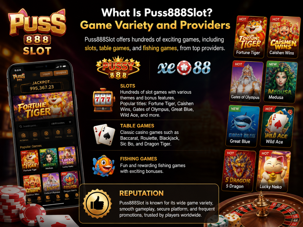 Photo-realistic image illustrating the topic of the article section "What Is Puss888Slot? Game Variety and Providers" (about the online casino brand "puss888slot download"): Cover gap: game variety – slot themes, number of games, providers (e.g., Pussy888, Xe88). Explain that Puss888Slot offers hundreds of slots, table games, and fishing games. Mention popular titles and the platform's reputation.