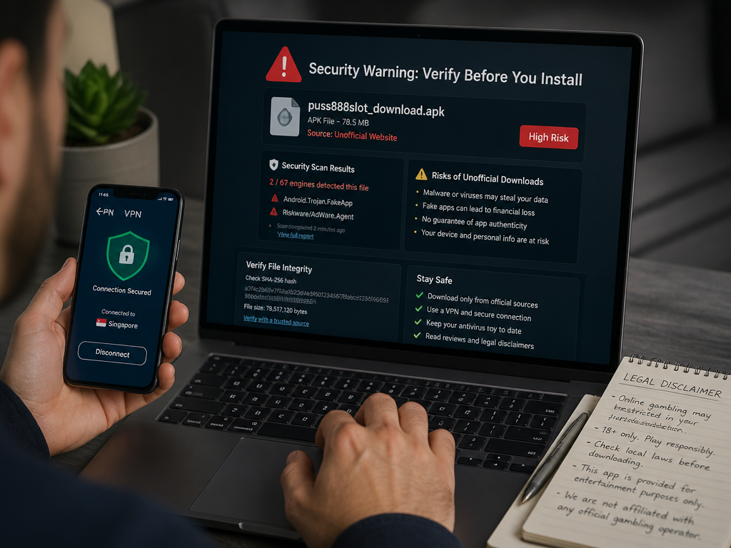 Photo-realistic image illustrating the topic of the article section "Security and Legal Considerations" (about the online casino brand "puss888slot download"): Cover gap: security warnings – APK virus scan, source trustworthiness, legal disclaimers. Discuss risks of downloading from unofficial sites, how to verify file integrity, and the importance of using a VPN or secure connection.
