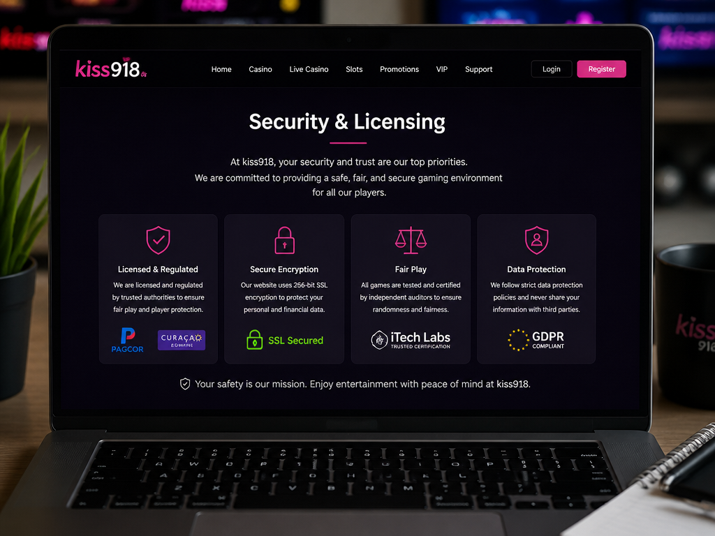 Photo-realistic image illustrating the topic of the article section "Security and Licensing" (about the online casino brand "kiss918"): Mention licensing (e.g., PAGCOR, Curacao), encryption, fair play, data protection. Covers 'security/licensing info absent' gap.