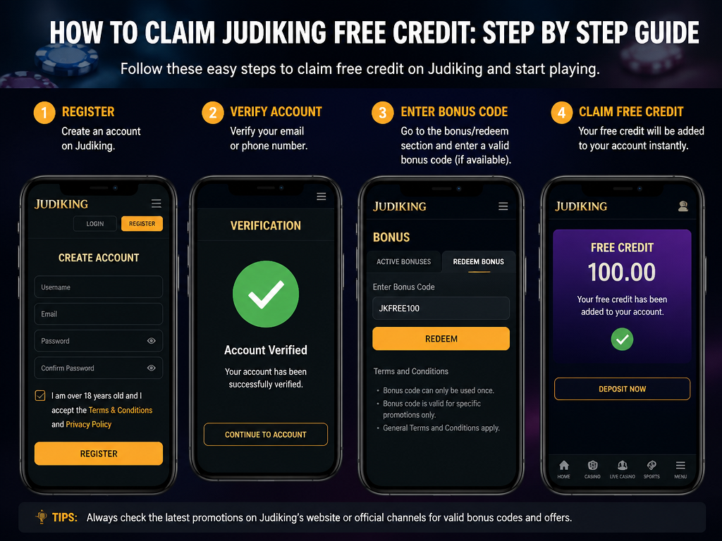 Photo-realistic image illustrating the topic of the article section "How to Claim Judiking Free Credit: Step by Step Guide" (about the online casino brand "judiking free credit"): Provide a clear step-by-step process: register at Judiking, verify account, enter bonus code (if any), and claim free credit. Cover gap: missing step-by-step guide to claim Judiking free credit.