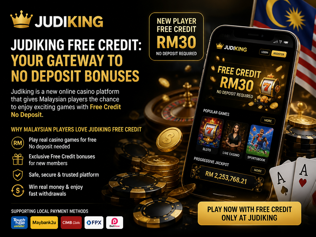 Photo-realistic image illustrating the topic of the article section "Judiking Free Credit: Your Gateway to No Deposit Bonuses" (about the online casino brand "judiking free credit"): Introduce Judiking as a new online casino platform offering free credit no deposit. Highlight the appeal of free credit for Malaysian players. Cover gap: no mention of Judiking brand or its specific free credit offers.