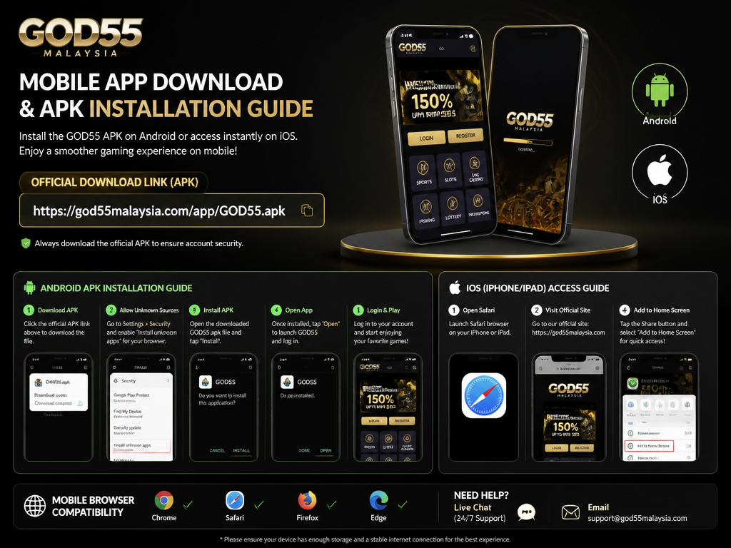 Photo-realistic image illustrating the topic of the article section "Mobile App Download and APK Installation Guide" (about the online casino brand "god55 malaysia"): Provide instructions for downloading the GOD55 APK on Android and iOS, including direct link or steps. Mention mobile browser compatibility. Covers the gap: no mobile app download link or APK instructions.