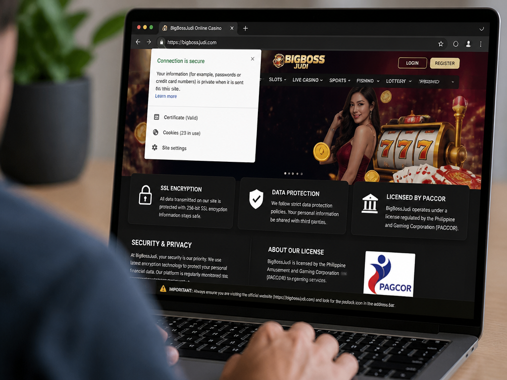 Photo-realistic image illustrating the topic of the article section "Security Measures and Licensing at BigBossJudi" (about the online casino brand "bigbossjudi"): Discuss SSL encryption, data protection policies. Mention licensing body (e.g., PAGCOR) if known. Address the gap of missing security and licensing info.