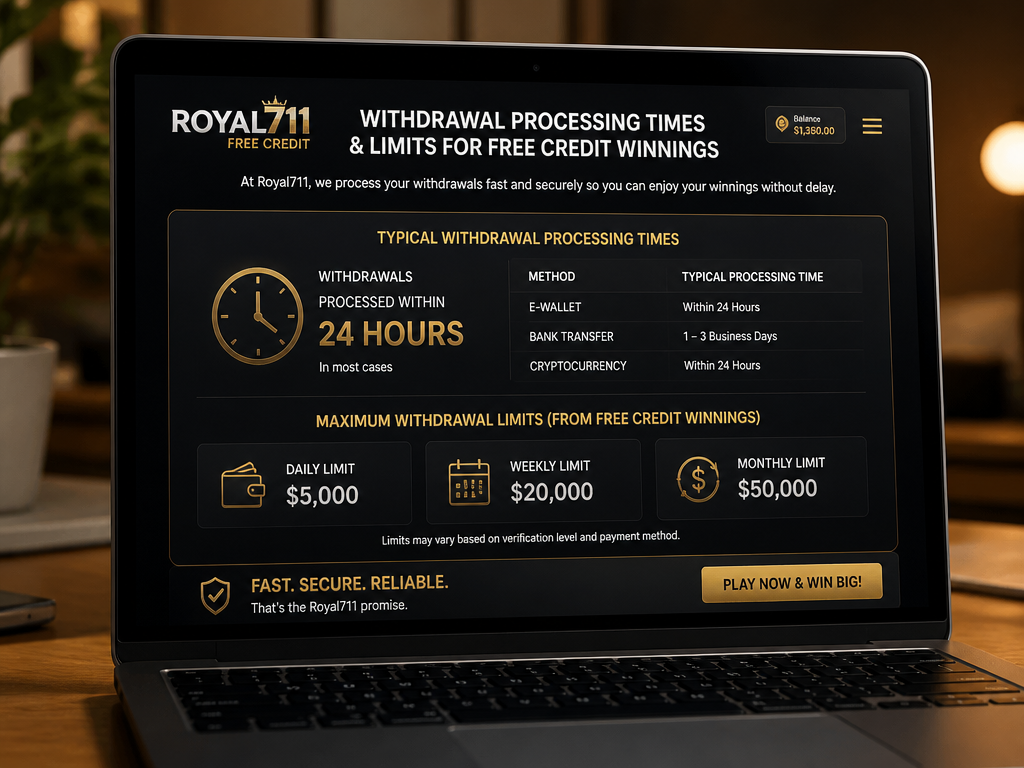 Photo-realistic image illustrating the topic of the article section "Withdrawal Processing Times and Limits for Free Credit Winnings" (about the online casino brand "royal711 free credit"): State typical withdrawal processing times (e.g., 24 hours) and any maximum withdrawal limits from free credit winnings. Emphasize fast service as claimed by Royal711. Cover the gap: withdrawal processing times or limits.