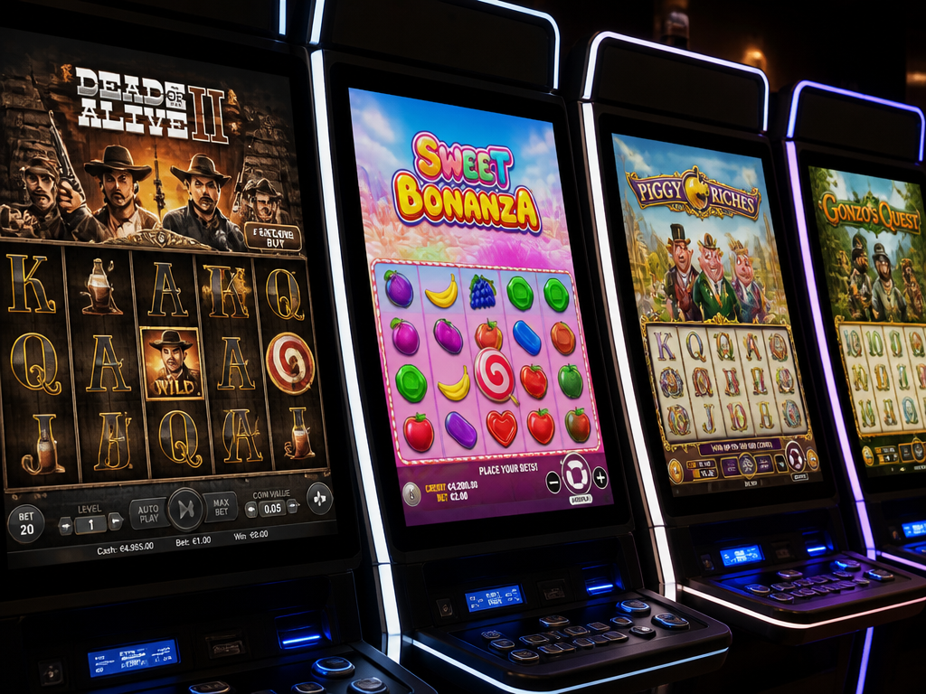 Photo-realistic image illustrating the topic of the article section "Top Evolution Slot Titles You Should Try" (about the online casino brand "evolution gaming slot"): List 3-5 standout slots (e.g., Dead or Alive 2, Sweet Bonanza, Piggy Riches). Explain why each is popular (theme, features, jackpots). Cover gap: no specific Evolution slot game titles or examples.