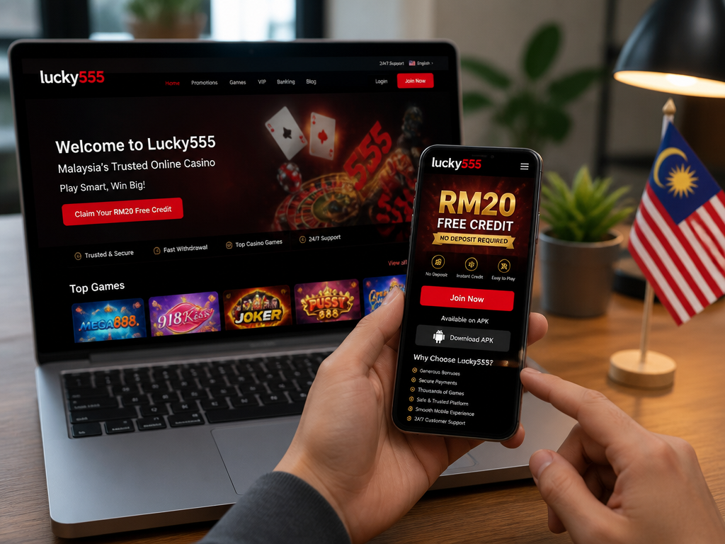Photo-realistic image illustrating the topic of the article section "Lucky555 Overview: Free Credit No Deposit Casino & APK" (about the online casino brand "lucky555"): Introduce Lucky555 as an online casino platform in Malaysia, highlighting its RM20 free credit no deposit offer and APK availability. Set the scope of the review: covering bonuses, payments, games, security, mobile experience, and comparisons.