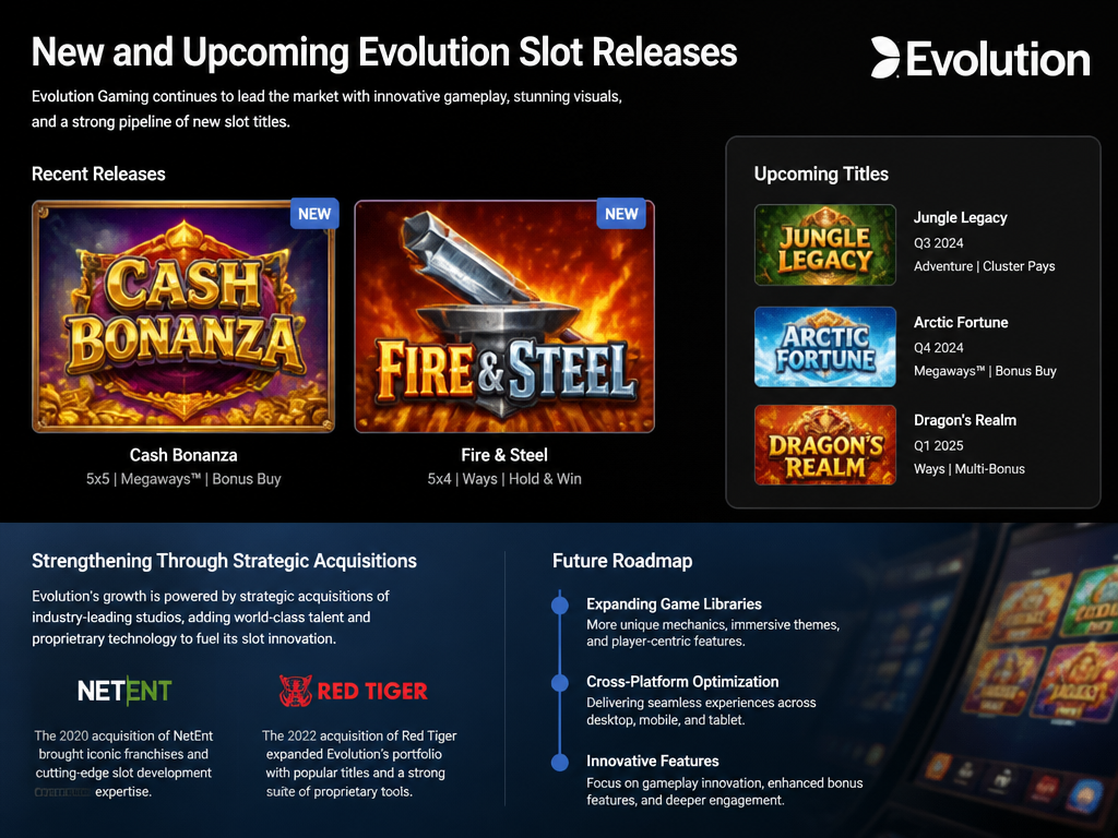 Photo-realistic image illustrating the topic of the article section "New and Upcoming Evolution Slot Releases" (about the online casino brand "evolution gaming slot"): Highlight recent releases (e.g., Cash Bonanza, Fire & Steel) and upcoming titles. Mention Evolution's acquisition strategy (NetEnt, Red Tiger) and future roadmap. Cover gap: no coverage of new slot releases or upcoming games.