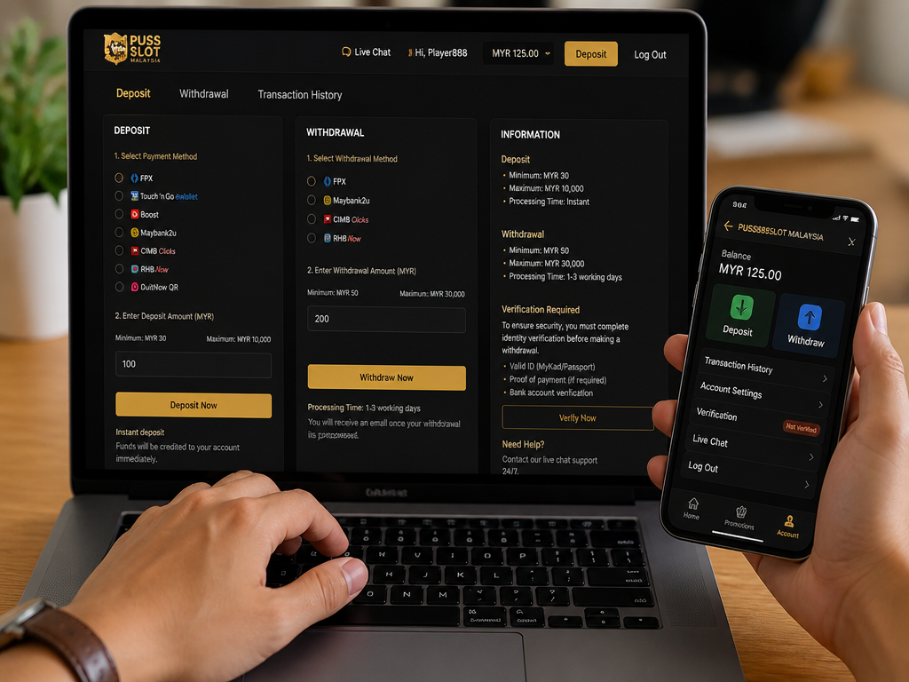 Photo-realistic image illustrating the topic of the article section "Deposit and Withdrawal Process – Step by Step" (about the online casino brand "puss888slot malaysia"): Cover gap: No deposit/withdrawal process details. Explain minimum/maximum amounts, processing times (instant deposit, 1-3 days withdrawal), supported methods, and verification requirements.