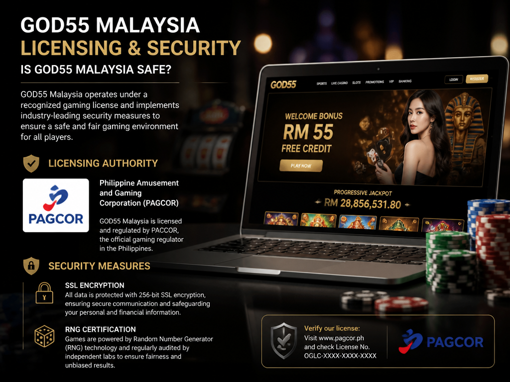 Photo-realistic image illustrating the topic of the article section "Licensing and Security: Is GOD55 Malaysia Safe?" (about the online casino brand "god55 malaysia"): State the licensing authority (e.g., PAGCOR or Malta Gaming Authority) and security measures (SSL encryption, RNG certification). Covers the gap: no licensing or regulatory authority mentioned.