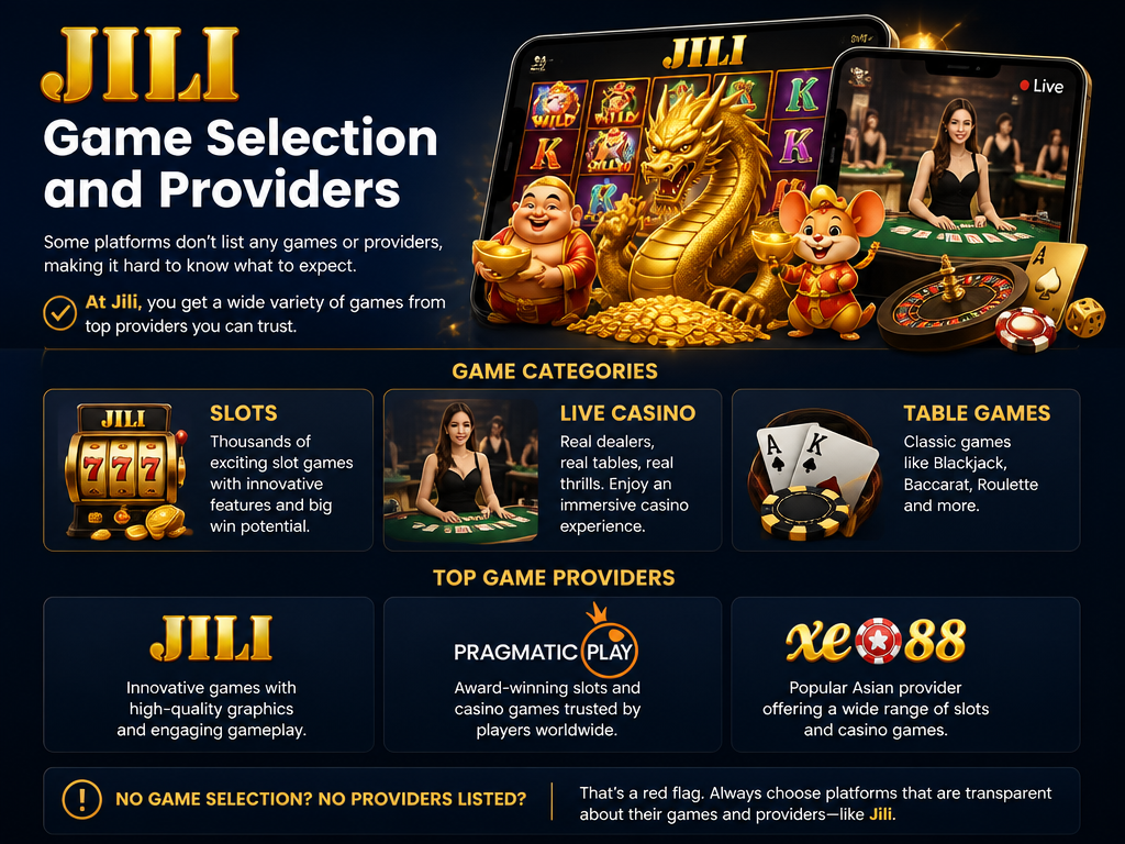Image illustrating the online casino game or provider "Jili", for an article section titled "Game Selection and Providers": List game categories (slots, live casino, table games). Name potential providers like Jili, Pragmatic Play, and Xe88. Address the gap of no game selection or providers listed.