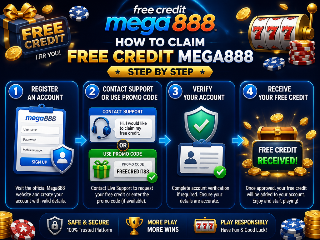 Image illustrating a casino bonus or promotion for the brand "free credit mega888", for an article section titled "How to Claim Free Credit Mega888 Step by Step": Detailed claim process: registration, contacting support or using promo code, verifying account, and receiving credit. Gap: claim process steps.