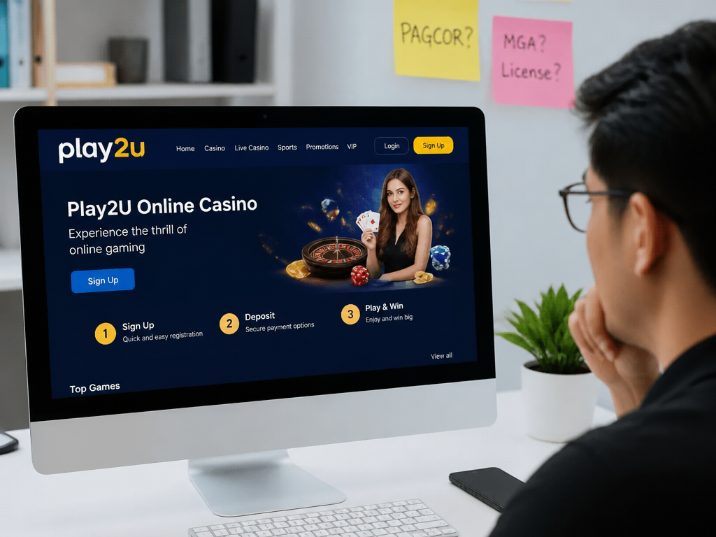 Photo-realistic image illustrating the topic of the article section "Licensing and Regulation" (about the online casino brand "play2u"): Discuss expected licensing from recognized authorities (e.g., PAGCOR, Malta Gaming Authority) and how to verify. Address the gap of no licensing or regulatory information.