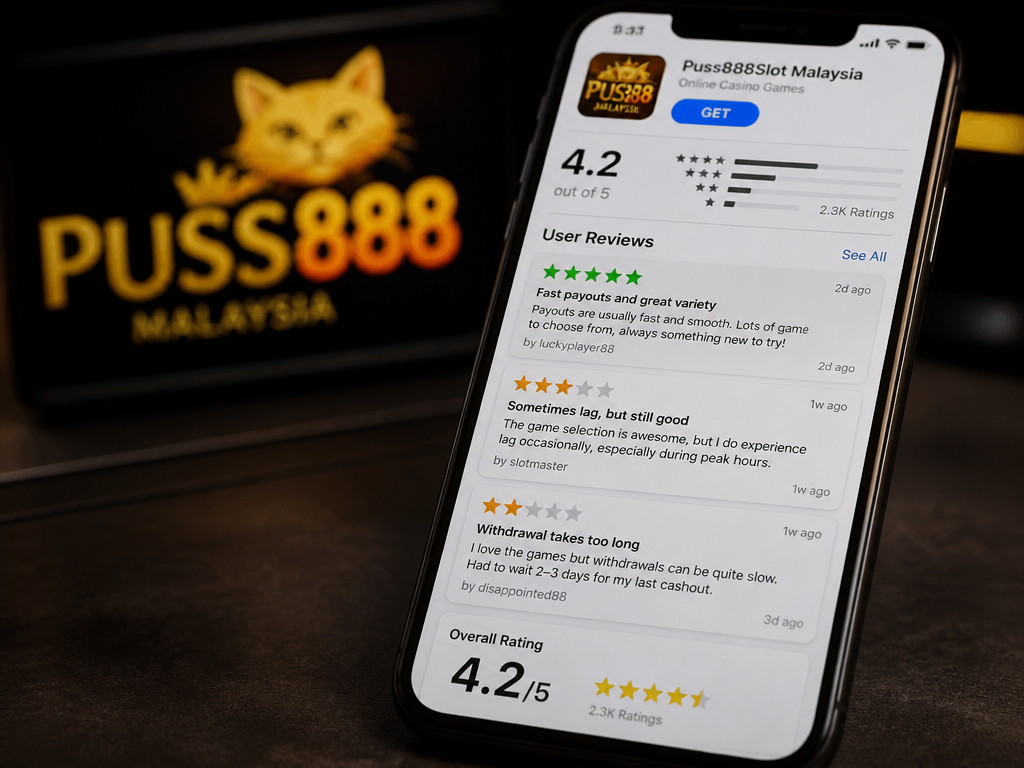 Photo-realistic image illustrating the topic of the article section "User Reviews and Ratings of Puss888Slot Malaysia" (about the online casino brand "puss888slot malaysia"): Cover gap: No user reviews or ratings. Summarise common feedback from forums and app stores: positive (fast payouts, game variety) and negative (occasional lag, withdrawal delays). Provide overall rating (e.g., 4.2/5).