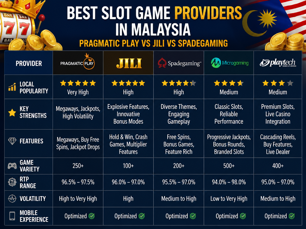 Photo-realistic image illustrating the topic of the article section "Best Slot Game Providers in Malaysia: Pragmatic Play vs Jili vs Spadegaming" (about the online casino brand "online slot game malaysia"): Compare top providers by local popularity: Pragmatic Play, Jili, Spadegaming, Microgaming, Playtech. Highlight provider strengths: Pragmatic Play for megaways and jackpots, Jili for explosive features, Spadegaming for diverse themes. Fill the gap on provider comparison.
