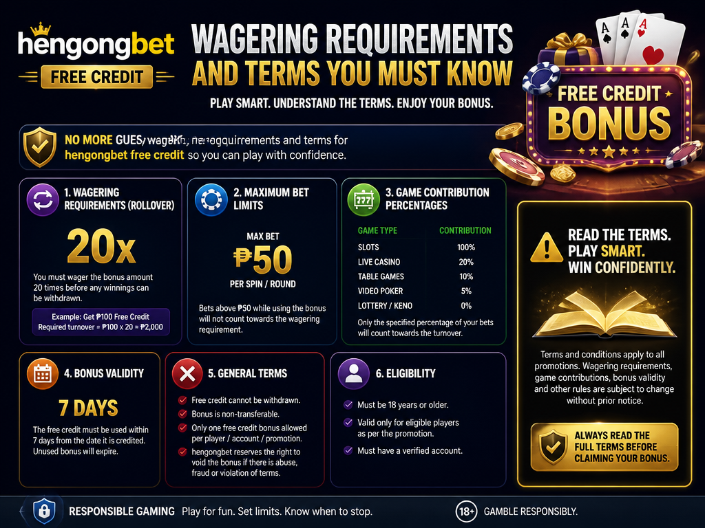 Image illustrating a casino bonus or promotion for the brand "hengongbet free credit", for an article section titled "Wagering Requirements and Terms You Must Know": Detail the wagering requirements (rollover), maximum bet limits, game contribution percentages, and other key terms. Cover the gap of no wagering requirements or T&C mentioned. Emphasize the importance of reading terms.