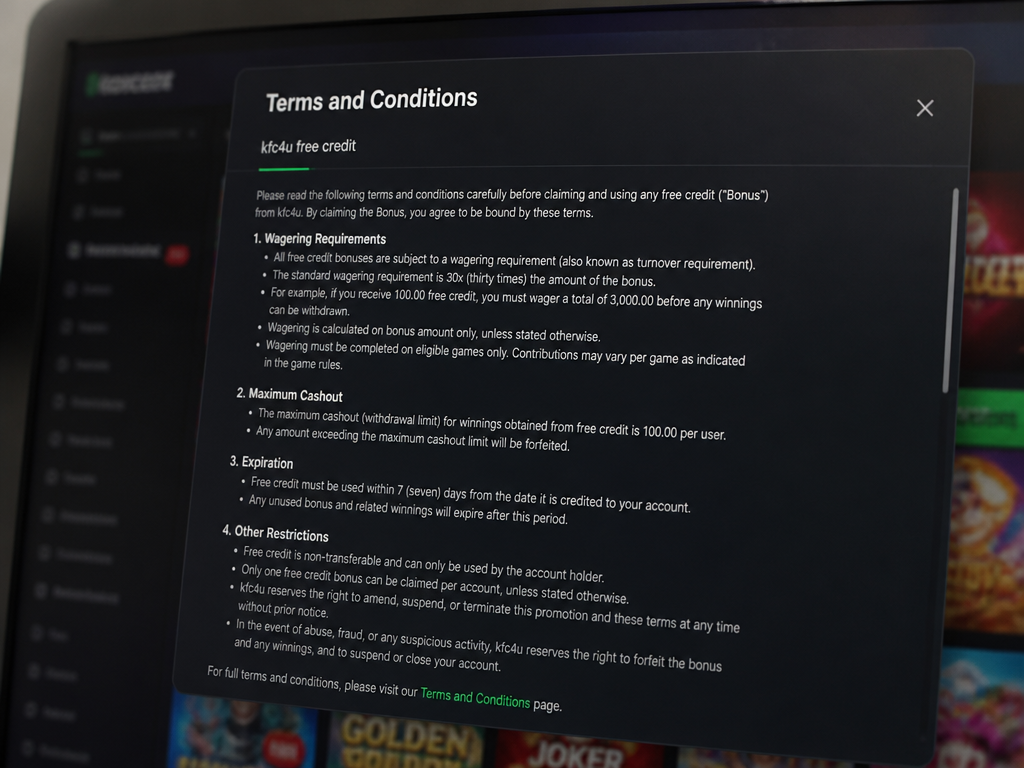 Photo-realistic image illustrating the topic of the article section "Terms and Conditions: Wagering Requirements and Max Cashout" (about the online casino brand "kfc4u free credit"): Detail the fine print: wagering requirements (e.g., turnover multiple), maximum cashout limits, expiration period, and other restrictions. (Gap 2: missing terms and conditions)