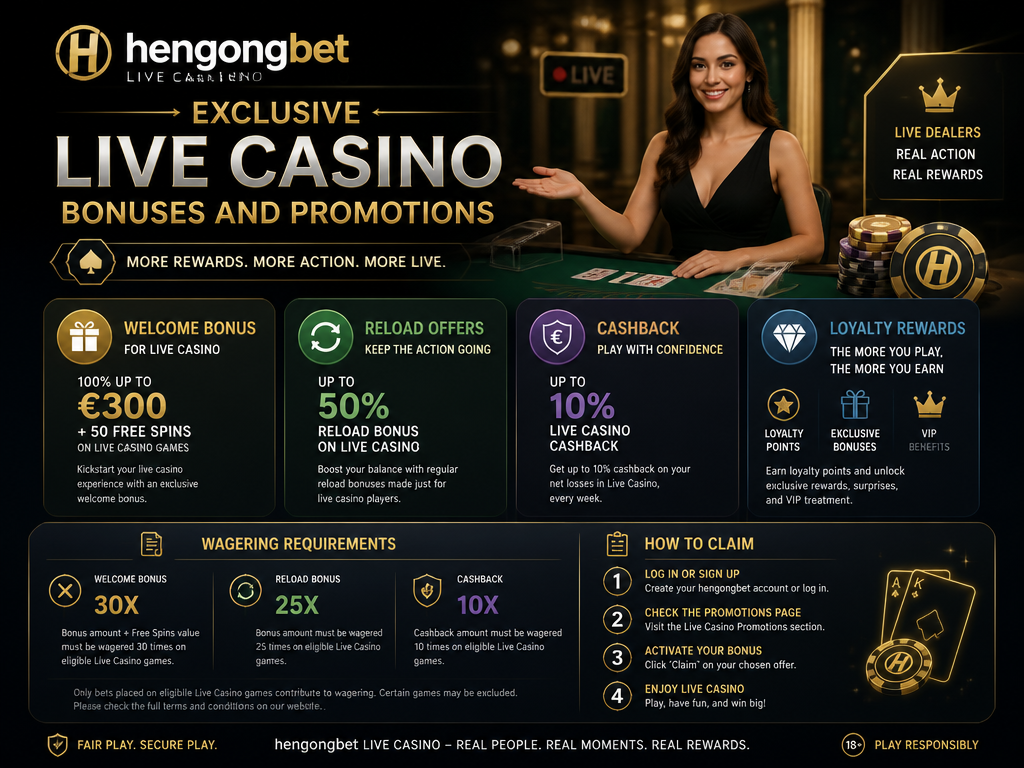 Image illustrating a casino bonus or promotion for the brand "hengongbet live casino", for an article section titled "Exclusive Live Casino Bonuses and Promotions": Detail welcome bonuses specifically for live casino games, reload offers, cashback, and loyalty rewards. Explain wagering requirements and how to claim (gap: live casino promotions).