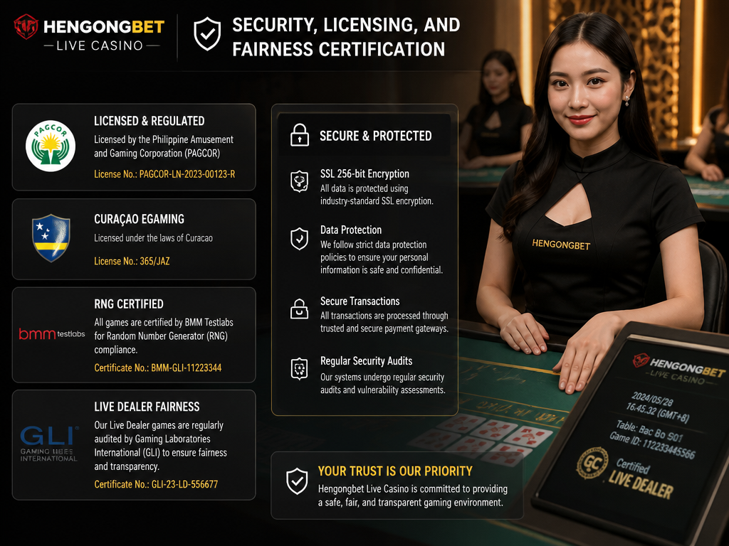 Photo-realistic image illustrating the topic of the article section "Security, Licensing, and Fairness Certification" (about the online casino brand "hengongbet live casino"): Confirm licensing authority (e.g., PAGCOR, Curacao), RNG testing, and live dealer fairness. Mention encryption and data protection (gap: security and fairness certification).